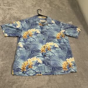 Tommy Bahama Shirt Mens Medium Blue Silk Floral Hawaiian Button Up Camp Casual